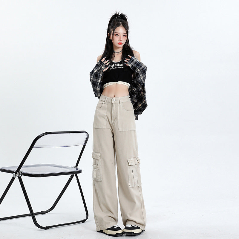 2025 Apricot n tooling multi-pocket jeans women's spring and summer popular new high-waisted loose straight wide-leg pants