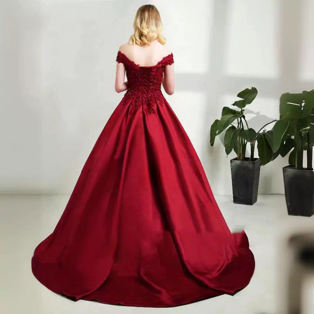 2025Express new applique beaded ball dress one-word shoulder student art exam evening dress