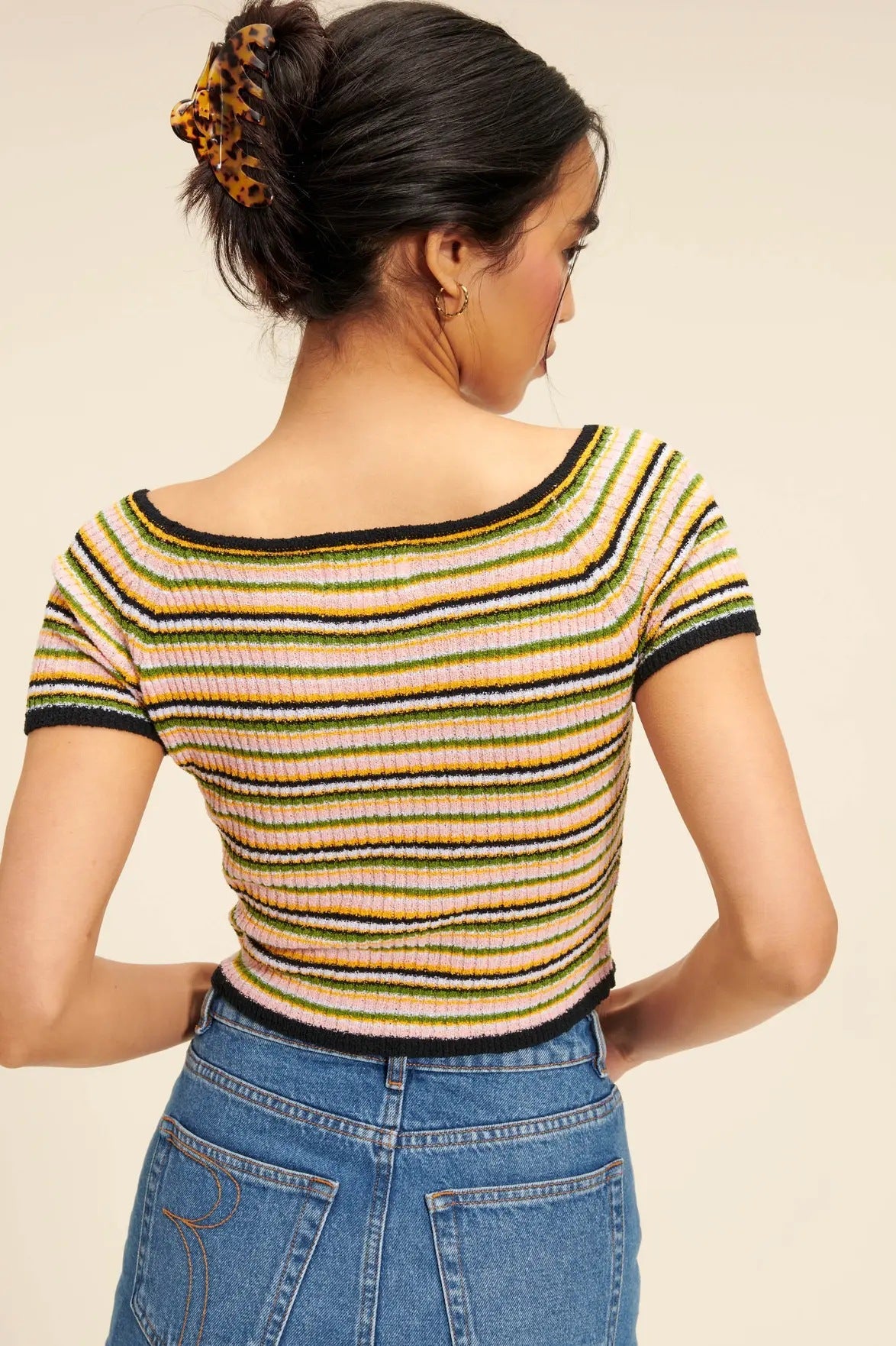 2025 RO knitted short-sleeved t-shirt high quality classic striped round neck knitted short-sleeved short t-shirt women's top women's summer thin