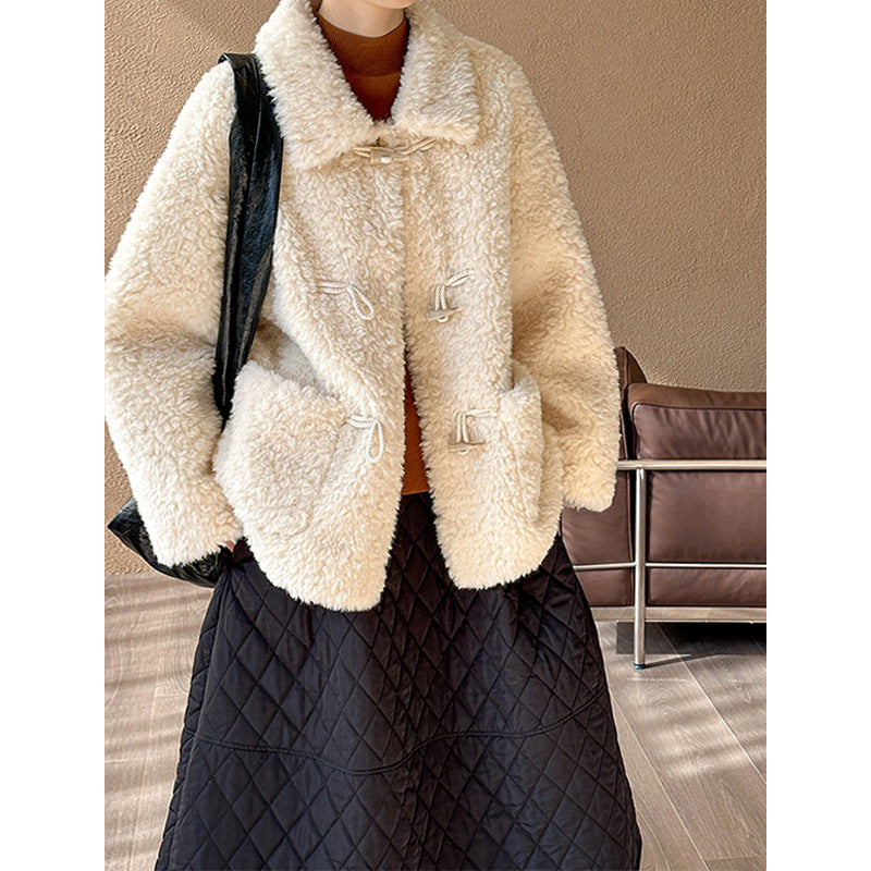 2025 popular winter new jacket super warm lapel croissant buckle loose thickened premium lamb clothing 9775