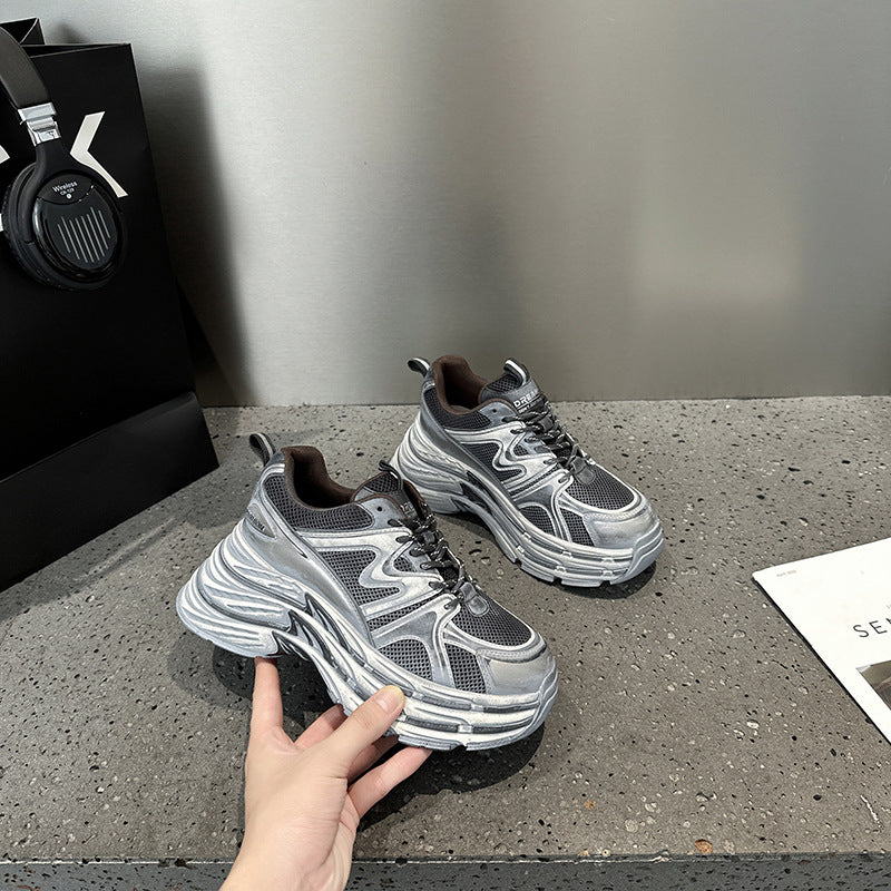 2025 Leather platform dad shoes women's popular autumn new Korean version breathable and versatile, light and non-slip casual sports shoes tide