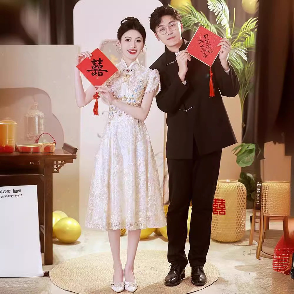 2025Chinese cheongsam toast new sparkling small bride wedding engagement banquet dress dress