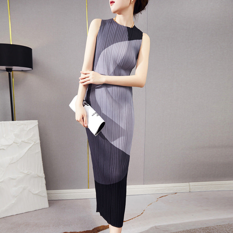 Folded skirt summer women's clothing wholesale long sleeveless printing thin versatile commuter design dress
