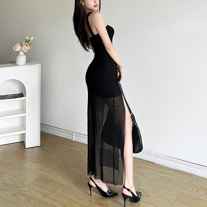 2025 style popular summer new women's clothing temperament wear black mesh splicing tight mesh dress