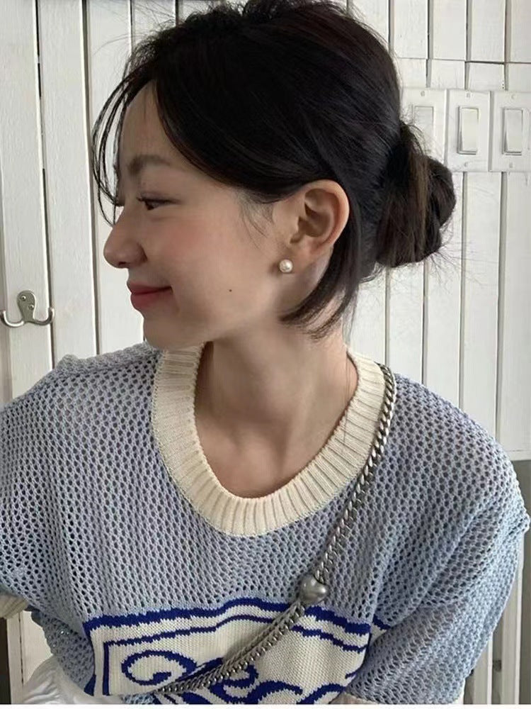 2025 Fever same knitted short-sleeved t-shirt women's blue hollowed-out knitted letter jacquard short-sleeved top sweater short-sleeved women