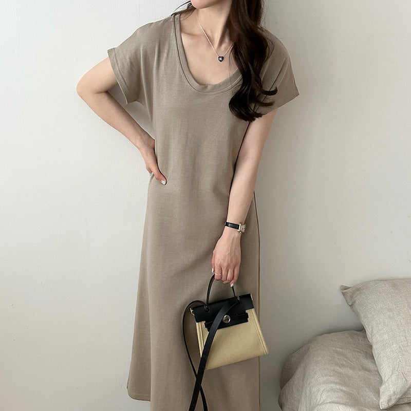 2025 popular summer Korean simple casual temperament solid color round neck retro niche slim 2342-1