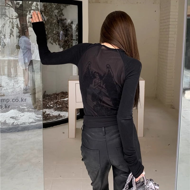 qgtao barn jacket outfits Spring and Autumn Women's Clothing New Y2g Hot Girl Sexy American Retro Style Mesh Angel Printed Long-Sleeved T-shirt Top