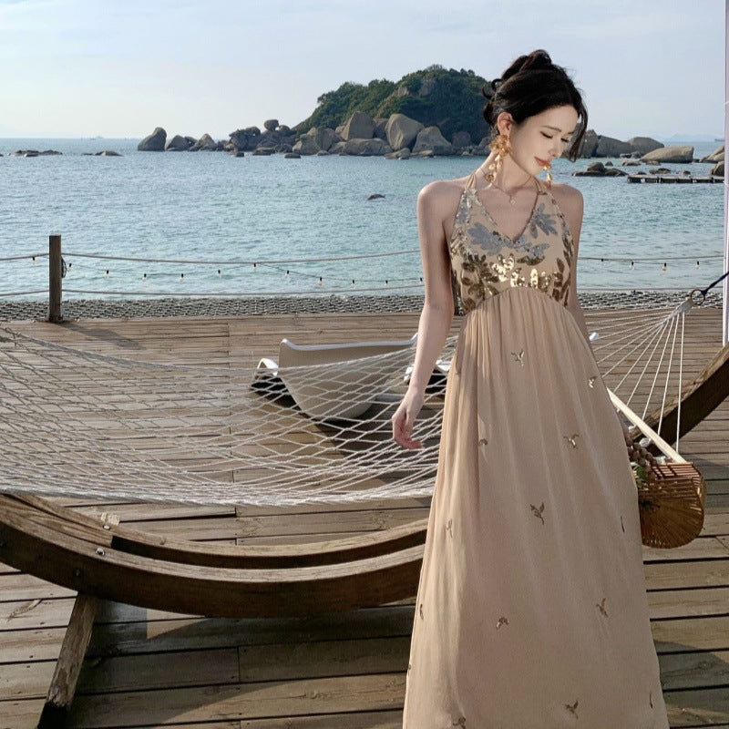 2025 Bead embroidery pinch pleated neck strap holiday dress seaside photo backless splicing sequined suspender long dress women
