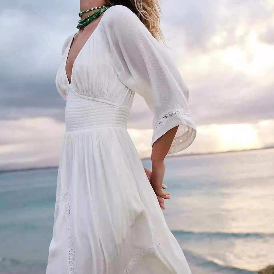 qgtao pop culture dress to impress New Solid Color Long Fashion Sexy V-neck Tight Waist Fashion Snow Chiffon Dress