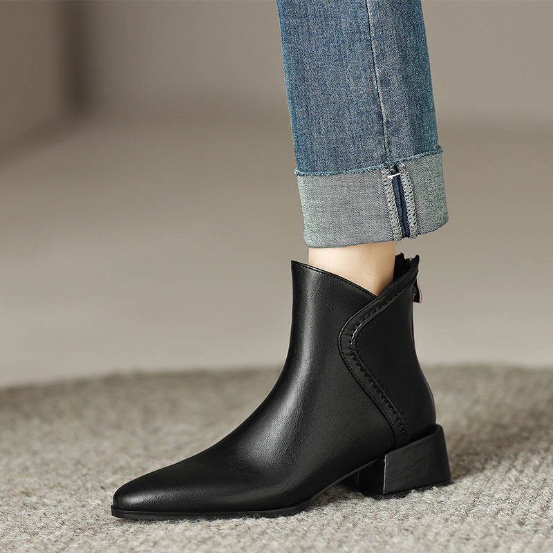 2025 Retro brown pointed thick heel short boots women's popular new spring and autumn single boots British style medium heel Chelsea boots