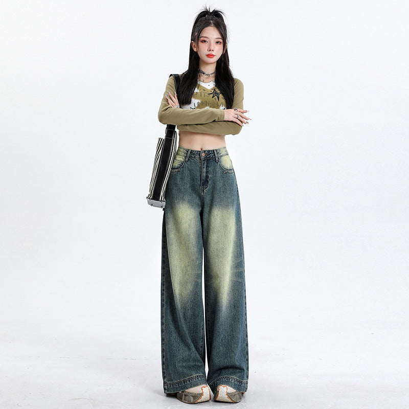 2025 popular retro blue n jeans women's early autumn new heavy industry washed fashion versatile wide leg mopping pants tide