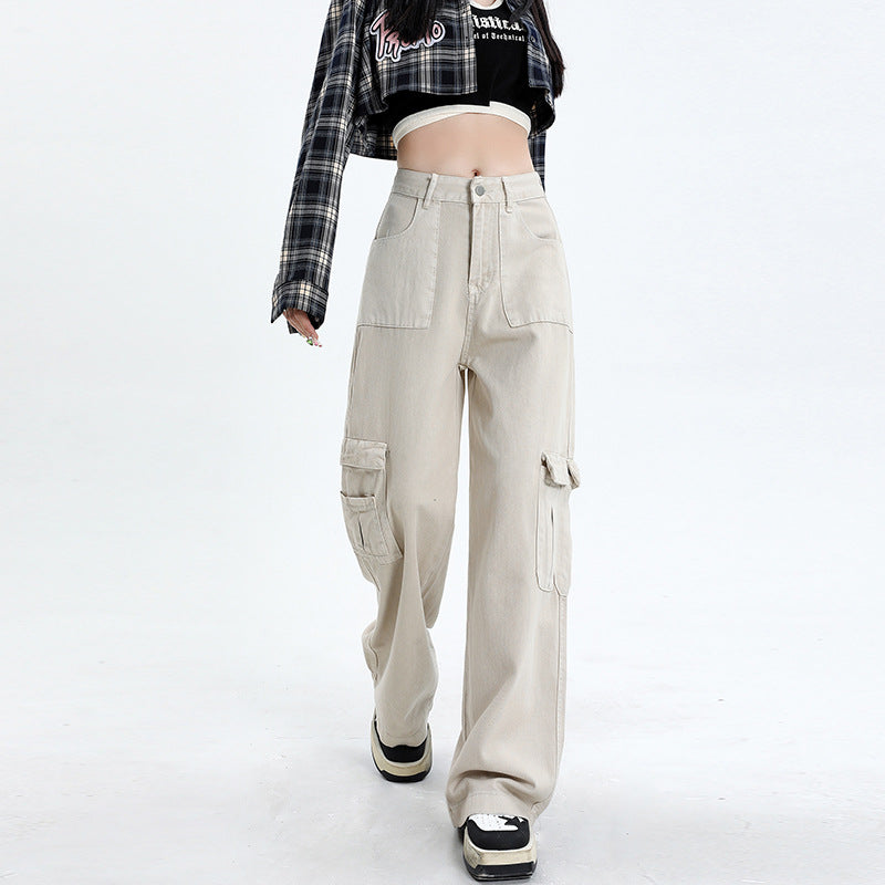 2025 Apricot n tooling multi-pocket jeans women's spring and summer popular new high-waisted loose straight wide-leg pants