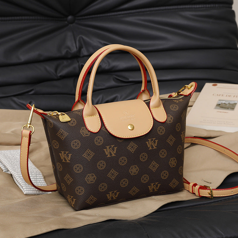 2025 Crossbody bag classic New Longxiang bag retro printed soft leather bag fashion contrasting color commuter handbag women