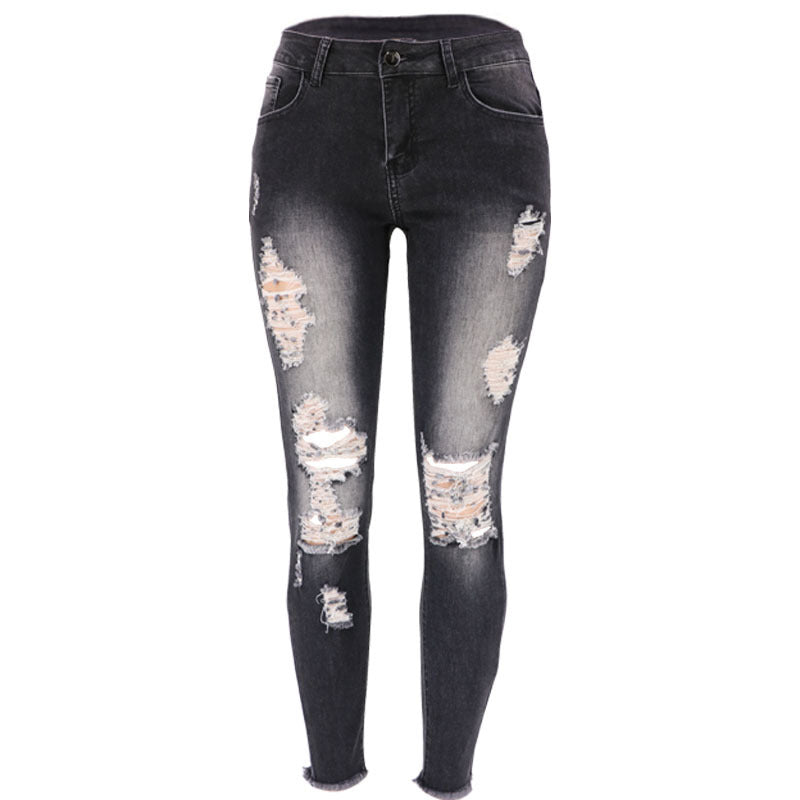 2025 2021 spring factory spot high elastic nine points ripped women's clothing small feet tight hip lift fashion jeans