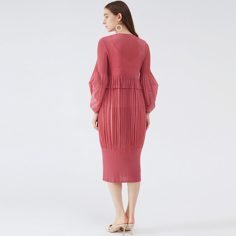 2025 spring simple design girly feeling fresh and sweet pleated bubble sleeves lantern dress dress dress medium and long dress women