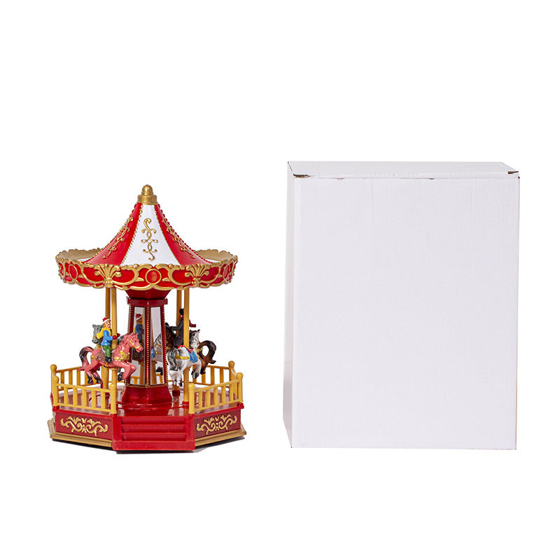 Christmas Decorations LED Glowing Carousel Music House Ornament Rotating Horse Christmas Village Kids Gift Party Xmas Home Decor