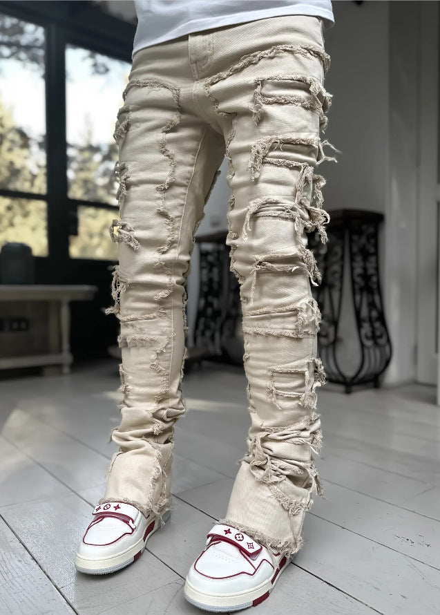 2025 Cross-border new men's denim straight pants, 2025 street fashion ins popular elastic sticker denim straight pants