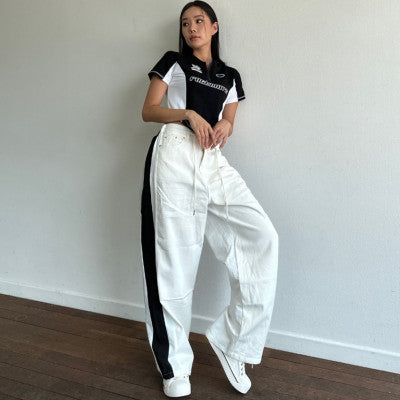 qgtao 2024 fall fashion trends Fall 2024 Korean Style Fashionable Stitching Contrast Color Drawstring Waist Jeans Loose Casual All-Match Straight Pants 2 Colors