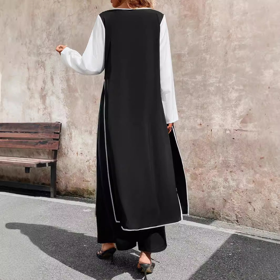 qgtao uniforms dress to impress Women's Fashionable Casual Long Contrast Color Cardigan Lace-up Side Slit Top Wide Leg Trousers Suit