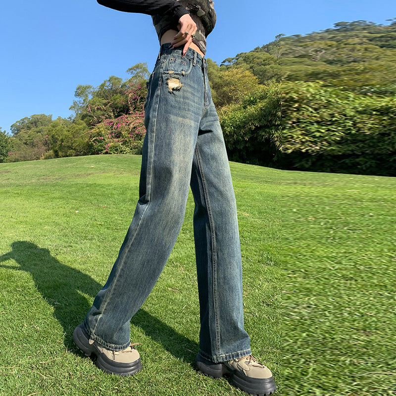 2025 Light blue retro blue black ripped jeans women's high waist and thin design sense straight narrow version loose wide-leg pants