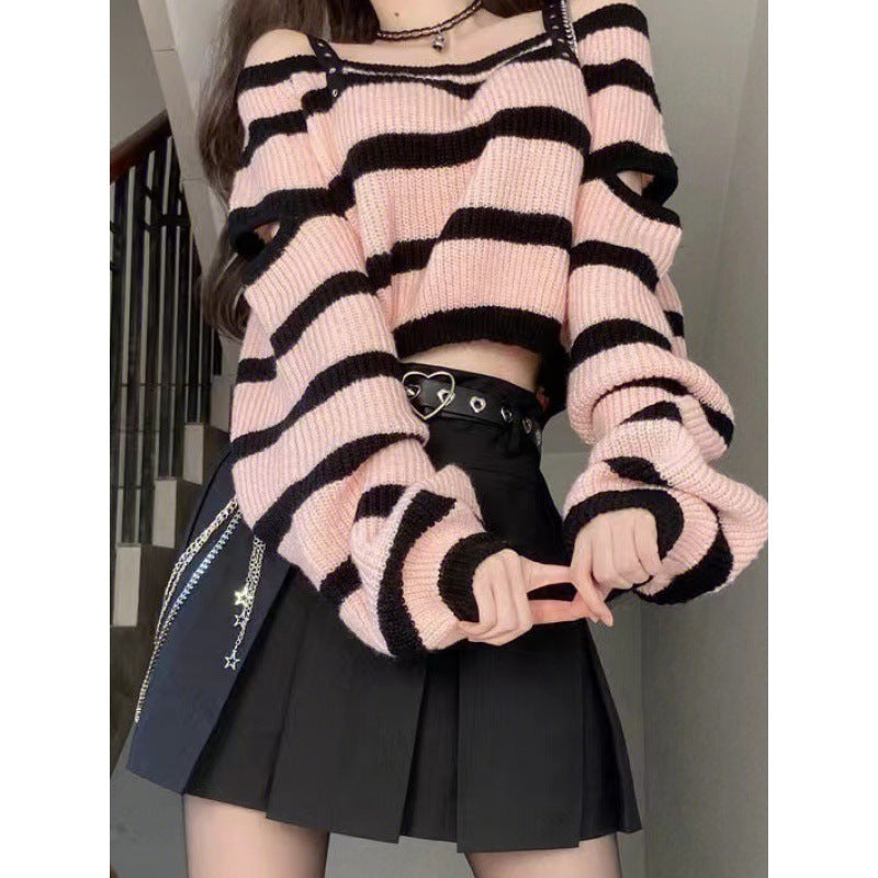 qgtao y2k Sweet and Spicy Style off-the-Shoulder Top Striped Sweater Suit Women's Autumn Hot Girl High Waist Pleated A- line Skirt Two-Piece Set