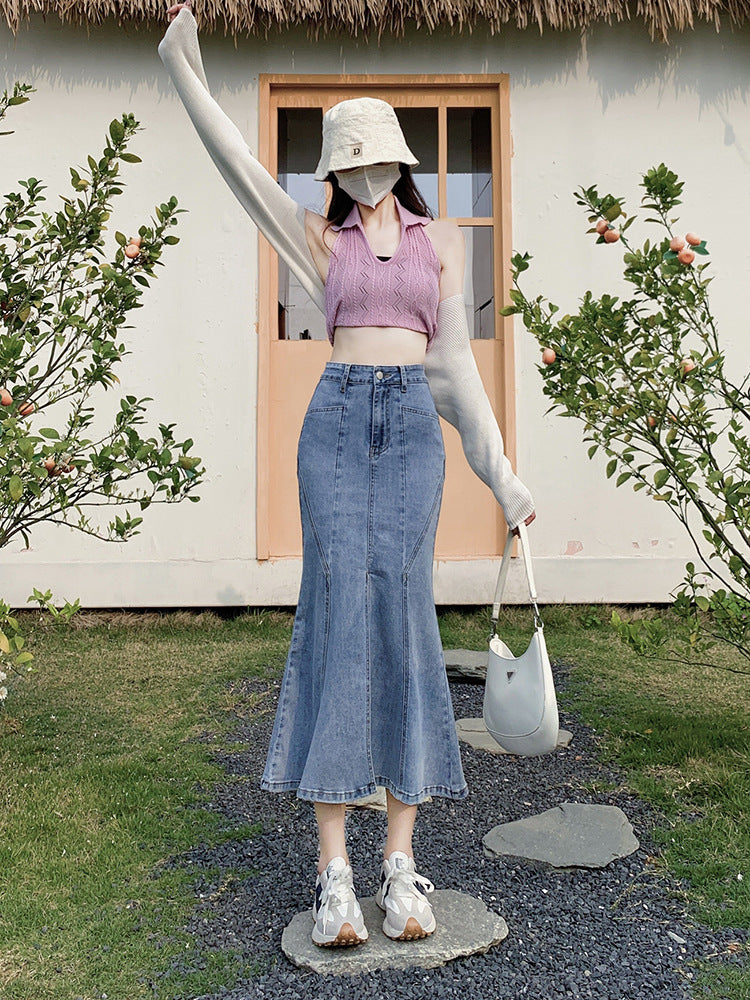 2025 Blue split-ended denim skirt women's popular new high-waisted and thin Spice Girl fishtail medium and long hip-wrapped skirt