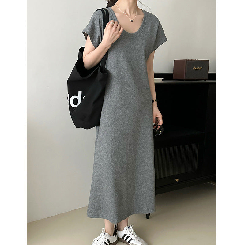 2025 popular summer Korean simple casual temperament solid color round neck retro niche slim 2342-1