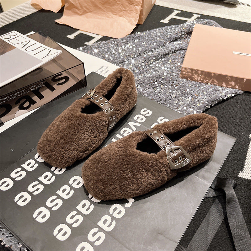 2025 Korean version of one-word Mary Jane autumn and winter new Doudou women's shoes plush flat-soled fluffy shoes single shoes cotton ladyshoes
