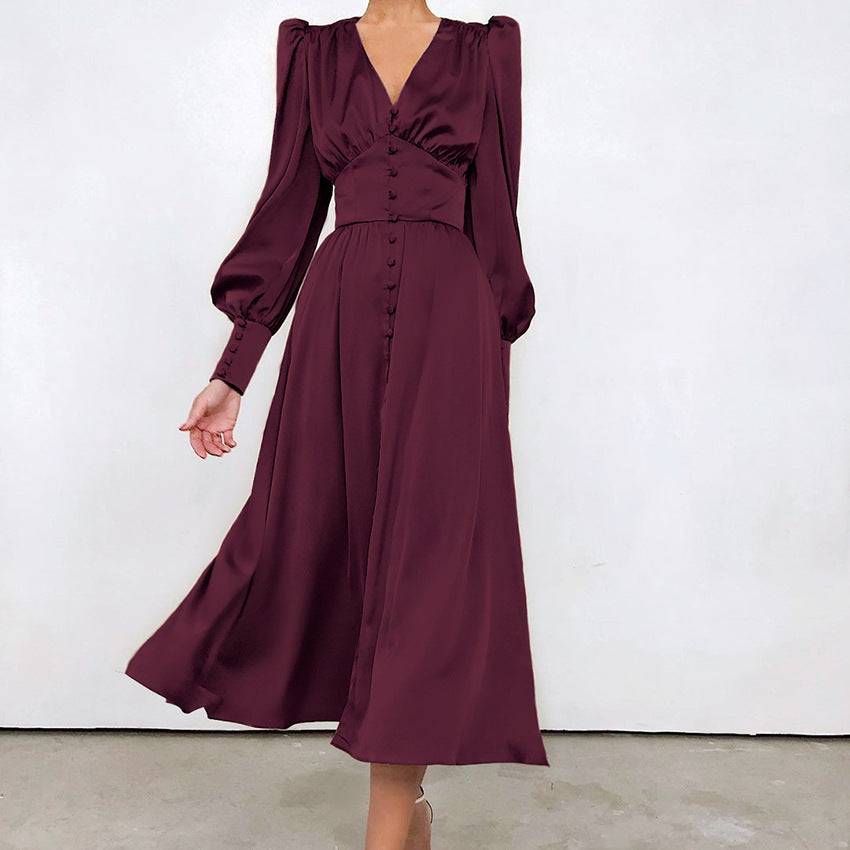 qgtao pop culture dress to impress 2024 Autumn and Winter Women's Long Dress V-neck Satin Court Waist-Tight Retro Dress Women