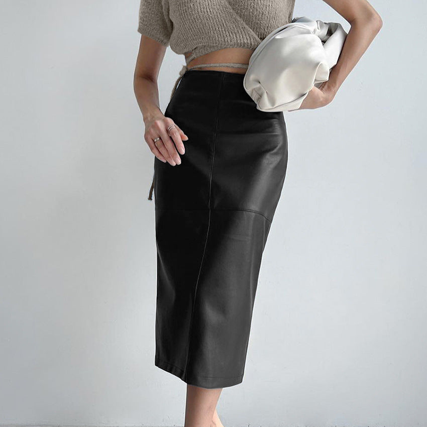 2025 Autumn and winter retro classic khaki velvet matte temperament thin PU leather high waist casual split skirt women