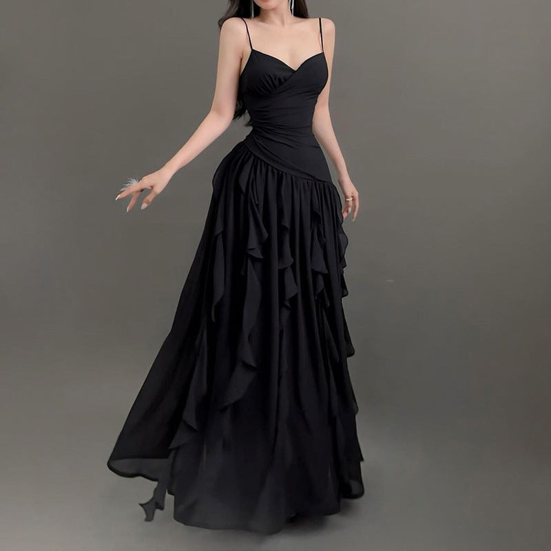 2025 style popular summer new women's clothing temperament suspender slim evening dress wavy edge dress