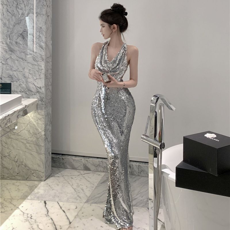 2025 Pure lust hottie backless sexy sequin silver dress Bling premium light luxury evening dress bridal toast dress