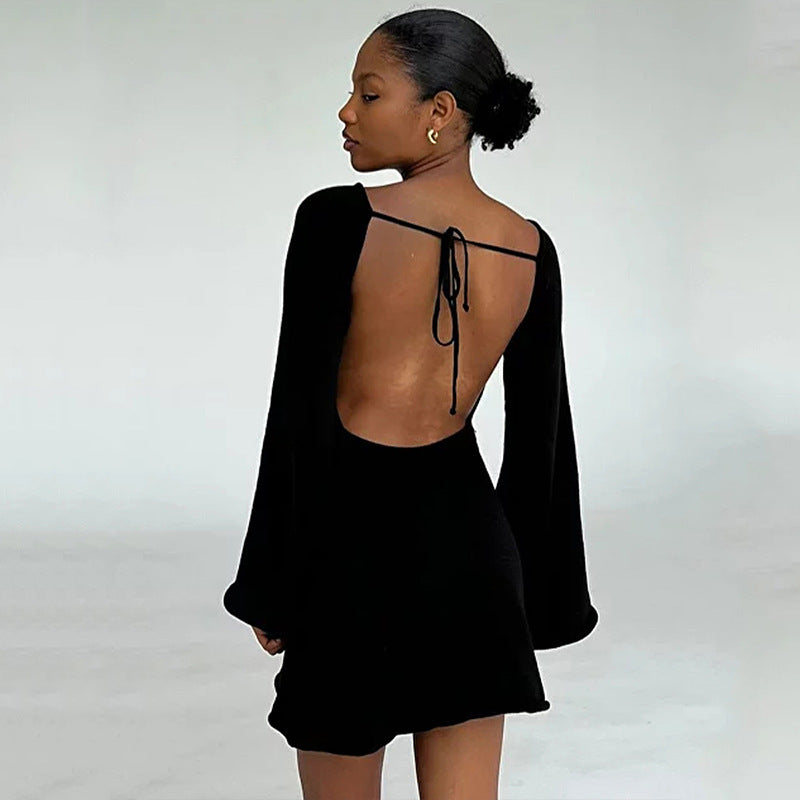 2025 new sexy backless dress for women, New horn sleeves loose beach vacation dress for women