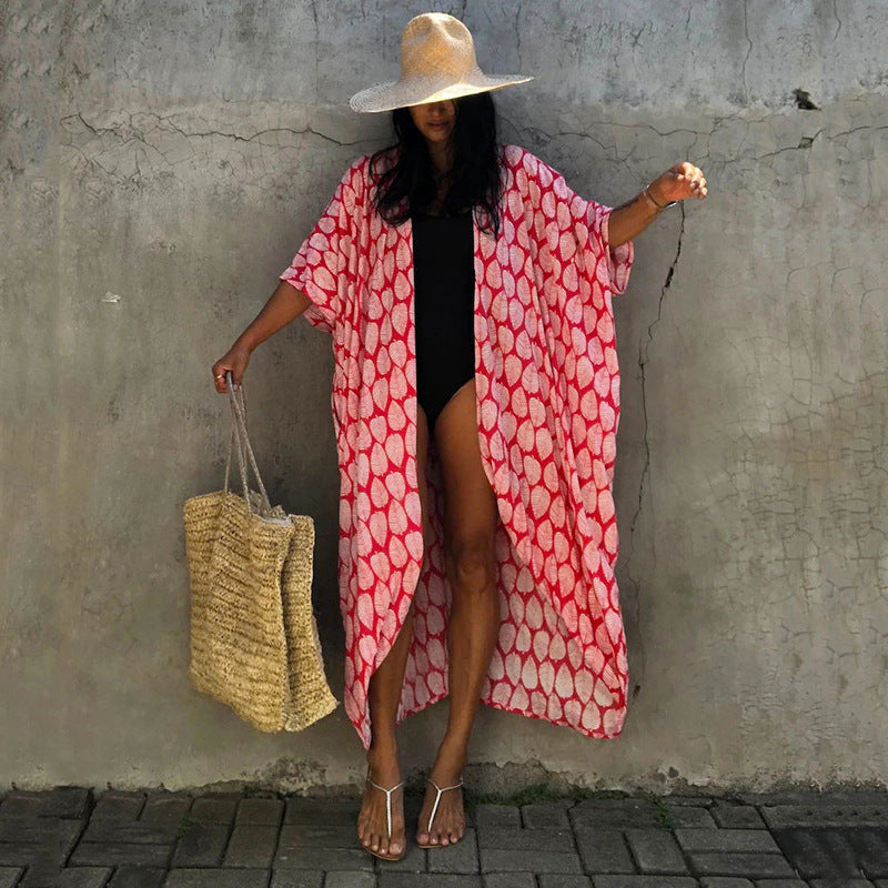 2025 new cotton leaf print beach blouse sexy cardigan style vacation sunscreen shirt dress