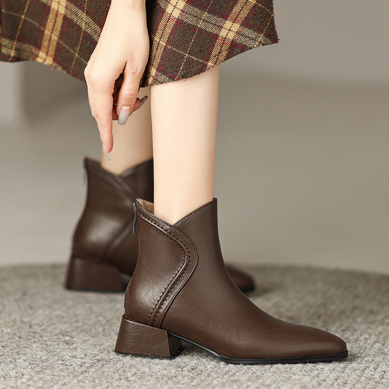 2025 Retro brown pointed thick heel short boots women's popular new spring and autumn single boots British style medium heel Chelsea boots