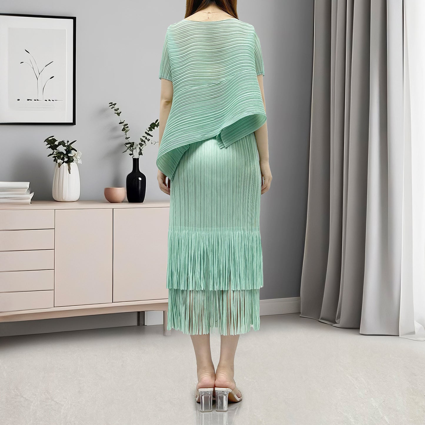 hot-selling suit women's high-end popular black slim short-sleeved T-shirt fringed hip skirt