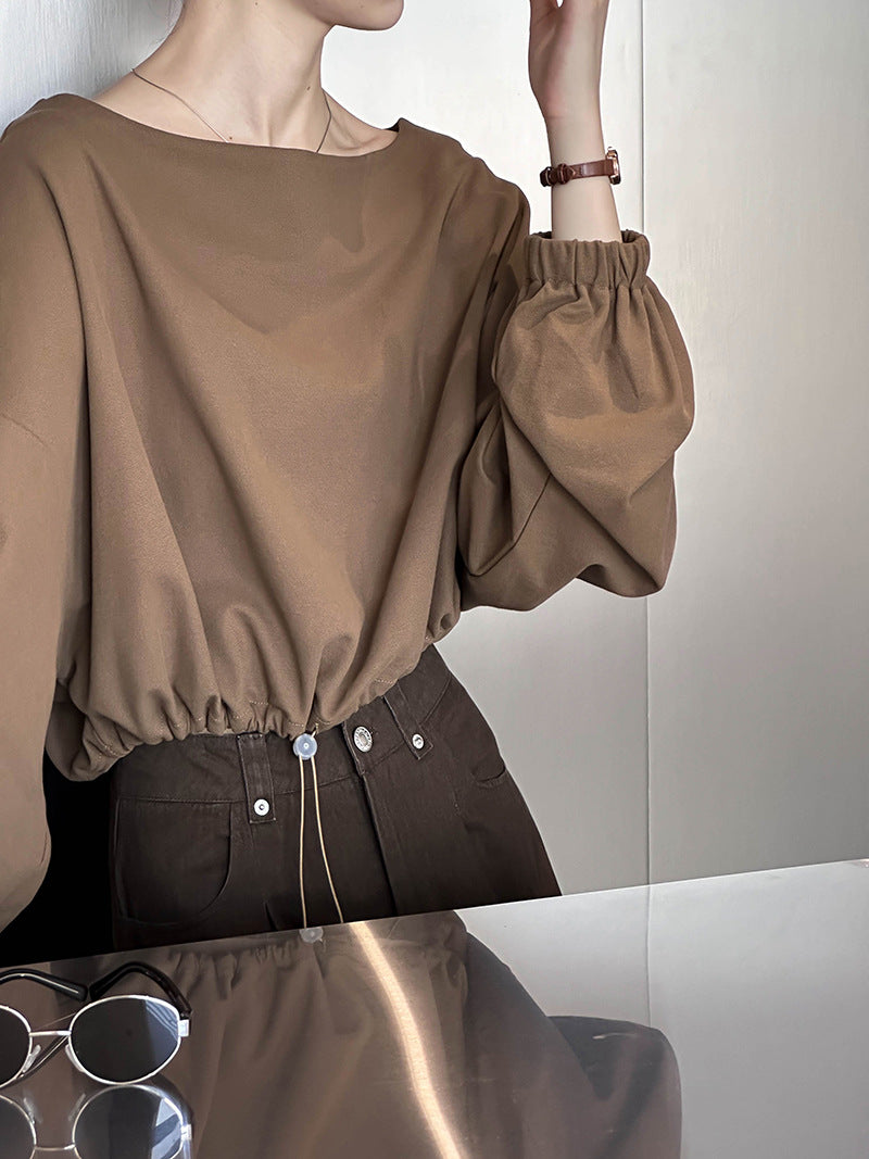 2025 Spring New Top Korean Solid Color Design Sense Drawstring Waist Long Sleeve Short T-Shirt 4525