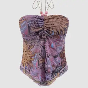 qgtao y2k outfits Women's Y2g Mesh Sunflower Irregular Vest Tube Top Halter Strap Beaded Top for Women