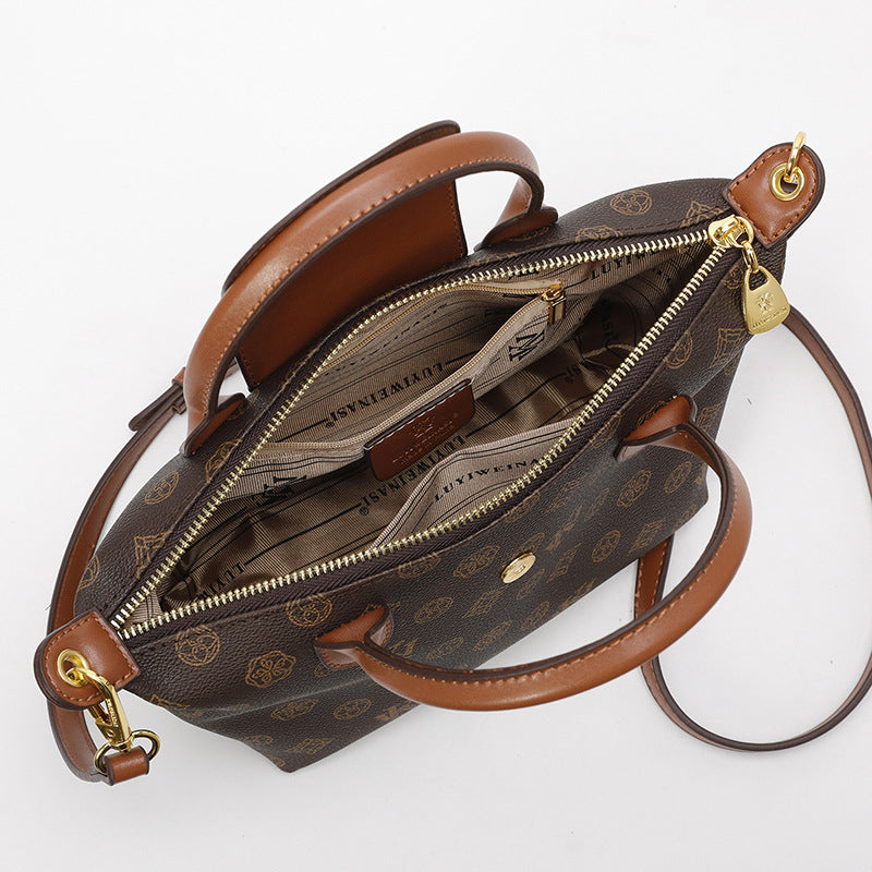 2025 Crossbody bag classic New Longxiang bag retro printed soft leather bag fashion contrasting color commuter handbag women