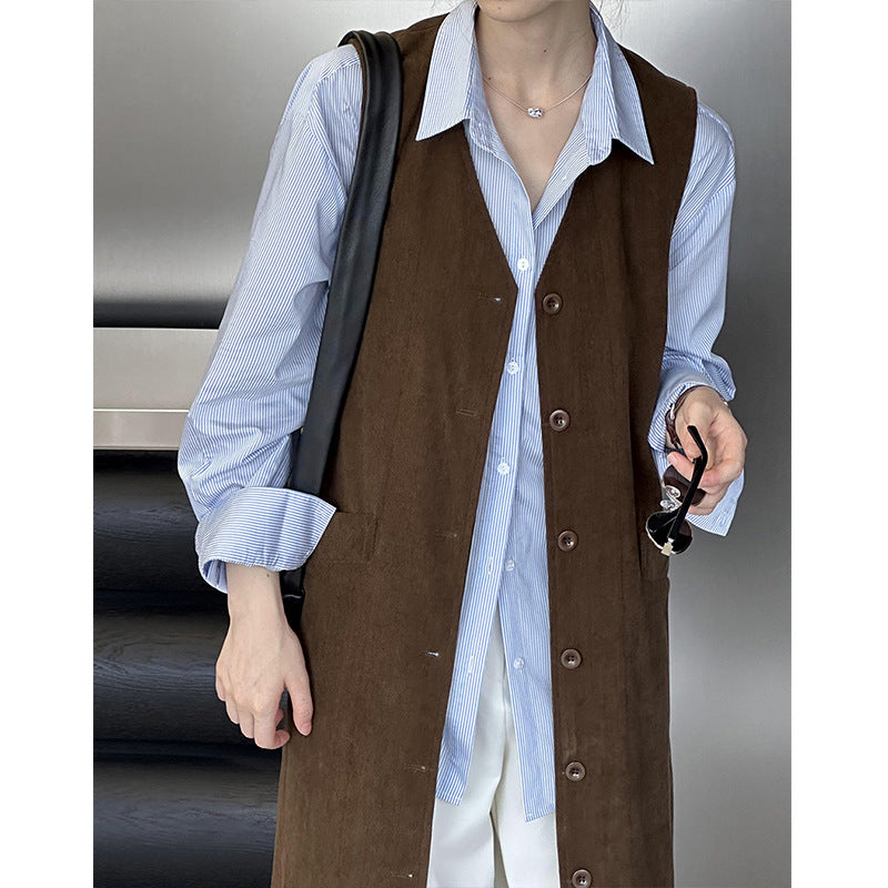 2025 popular autumn new coat Korean solid color Ankra red big pocket breasted medium and long vest 8603