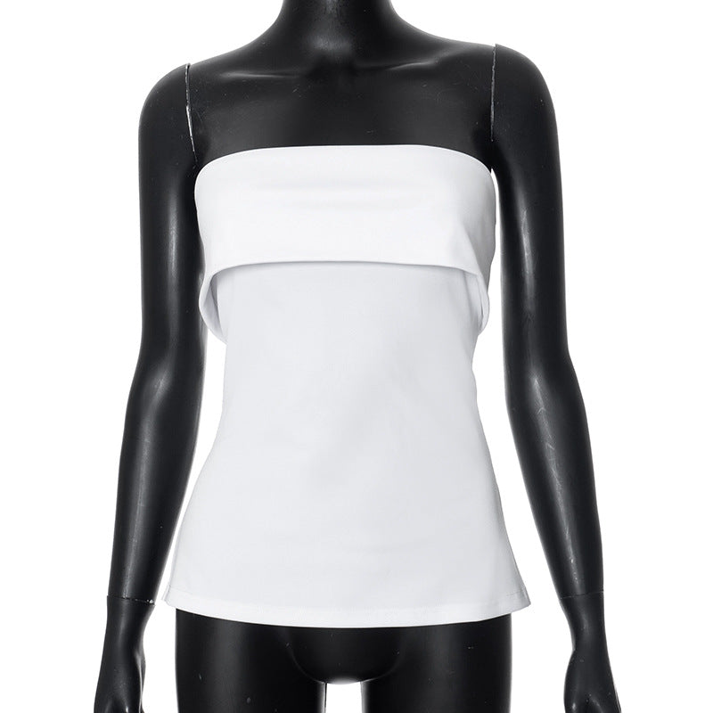 qgtao going out outfits Women's Summer New Solid Color Sleeveless Backless Wide Lapel Slit Tube Top Sexy Top for Women