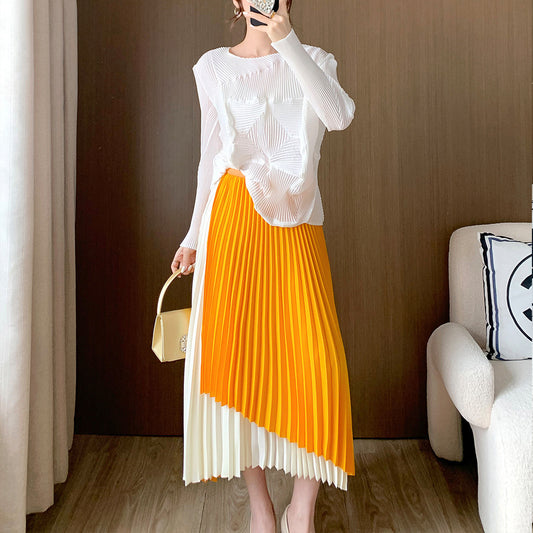 High waist and thin pleated skirt skirt medium and long spring and summer women's clothing new irregular design A-shaped skirt skirt