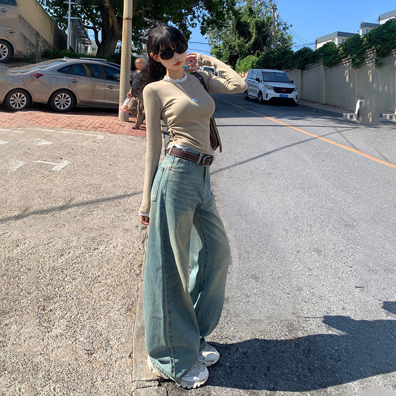 qgtao 90s streetwear Jinyin American Retro High Waist Distressed Loose Wide Leg Pants Early Autumn New Straight Jeans Trousers Lengthened