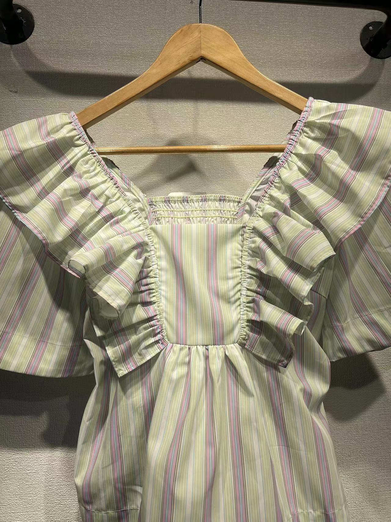 2025 GA Home Fresh and Sweet Striped Lotus Leaf Edge Square Neck Short Sleeve Cotton Shirt Cute Doll Neck Shirt Women's Premium Sense