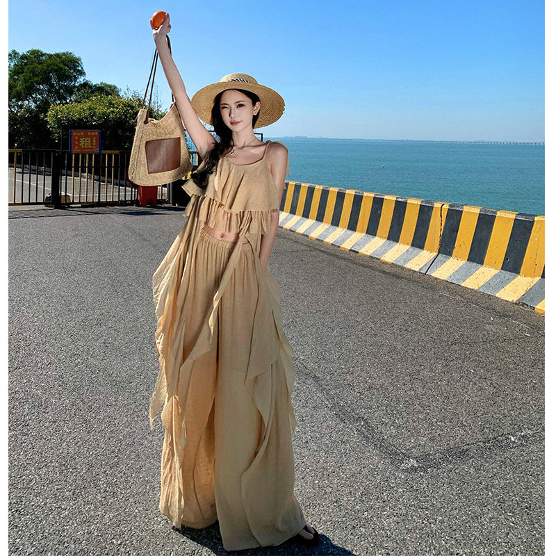 2025 Niche design seaside vacation suit wear women's summer lotus leaf edge streamer vest loose wide-leg pants two-piece set