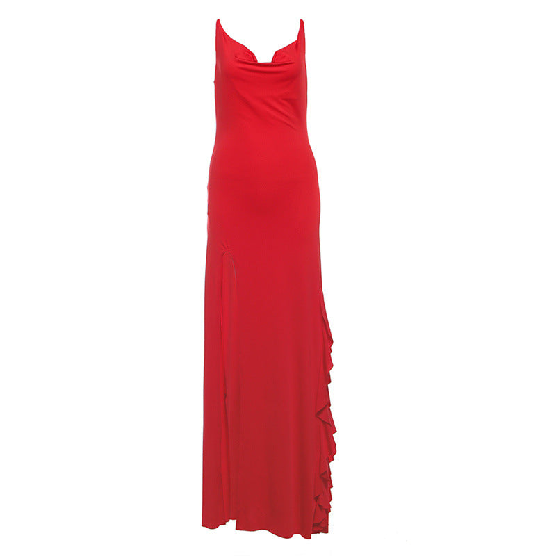 2025 style spring new women's clothing red slim-fitting long dress high split fork thin shoulder strap design dress