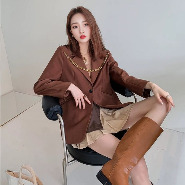 Coffee shoulder chain decorative suit salt fried street jacket women's autumn and winter women's clothing new casual loose suit