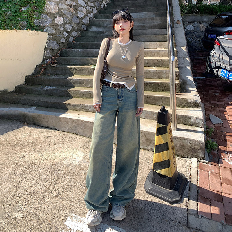 qgtao 90s streetwear Jinyin American Retro High Waist Distressed Loose Wide Leg Pants Early Autumn New Straight Jeans Trousers Lengthened