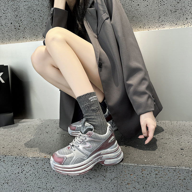 2025 Leather platform dad shoes women's popular autumn new Korean version breathable and versatile, light and non-slip casual sports shoes tide