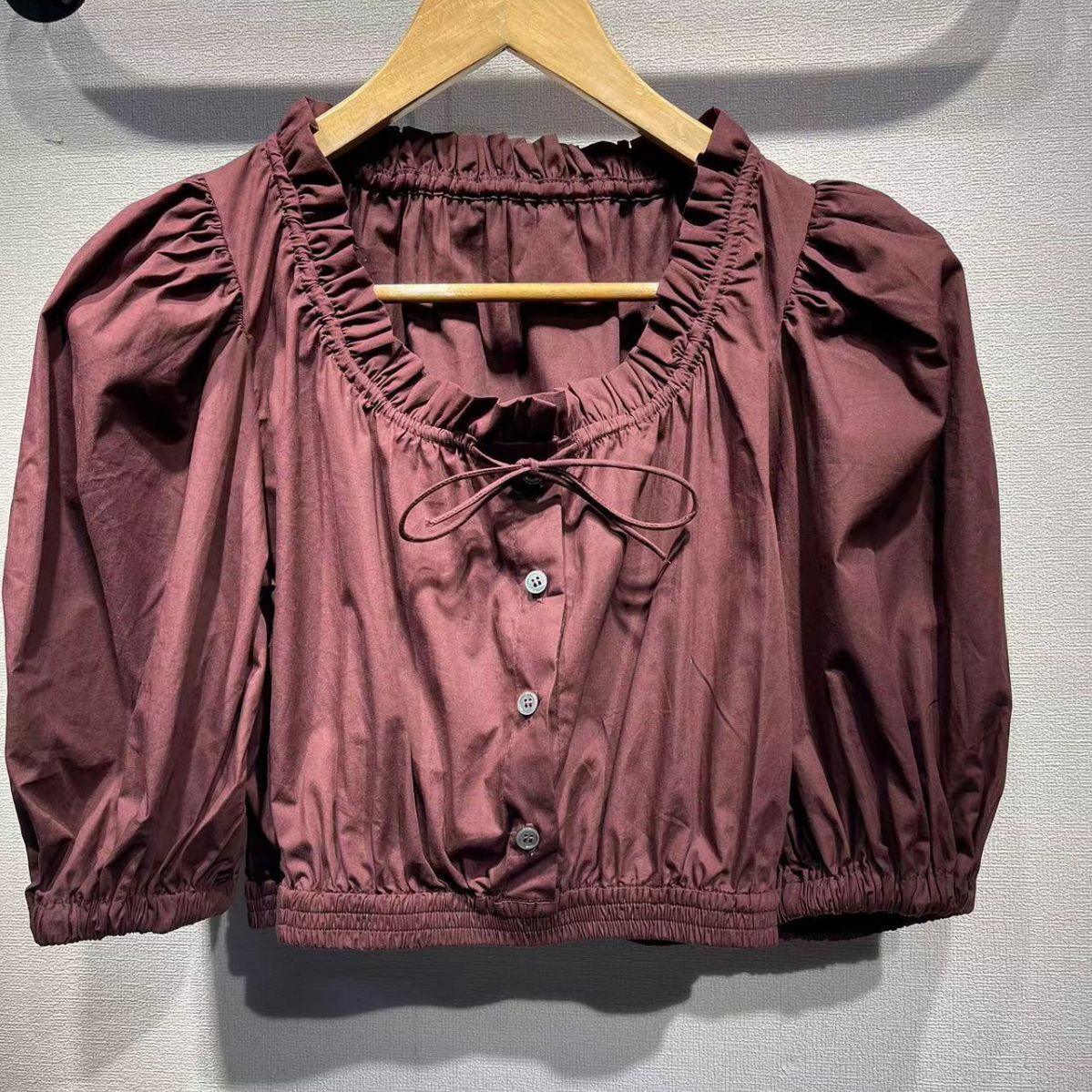 2025 n women's clothing SE fuchsia bubble sleeves poplin pure cotton short-sleeved lace-up top ultra-short waist shirt summer
